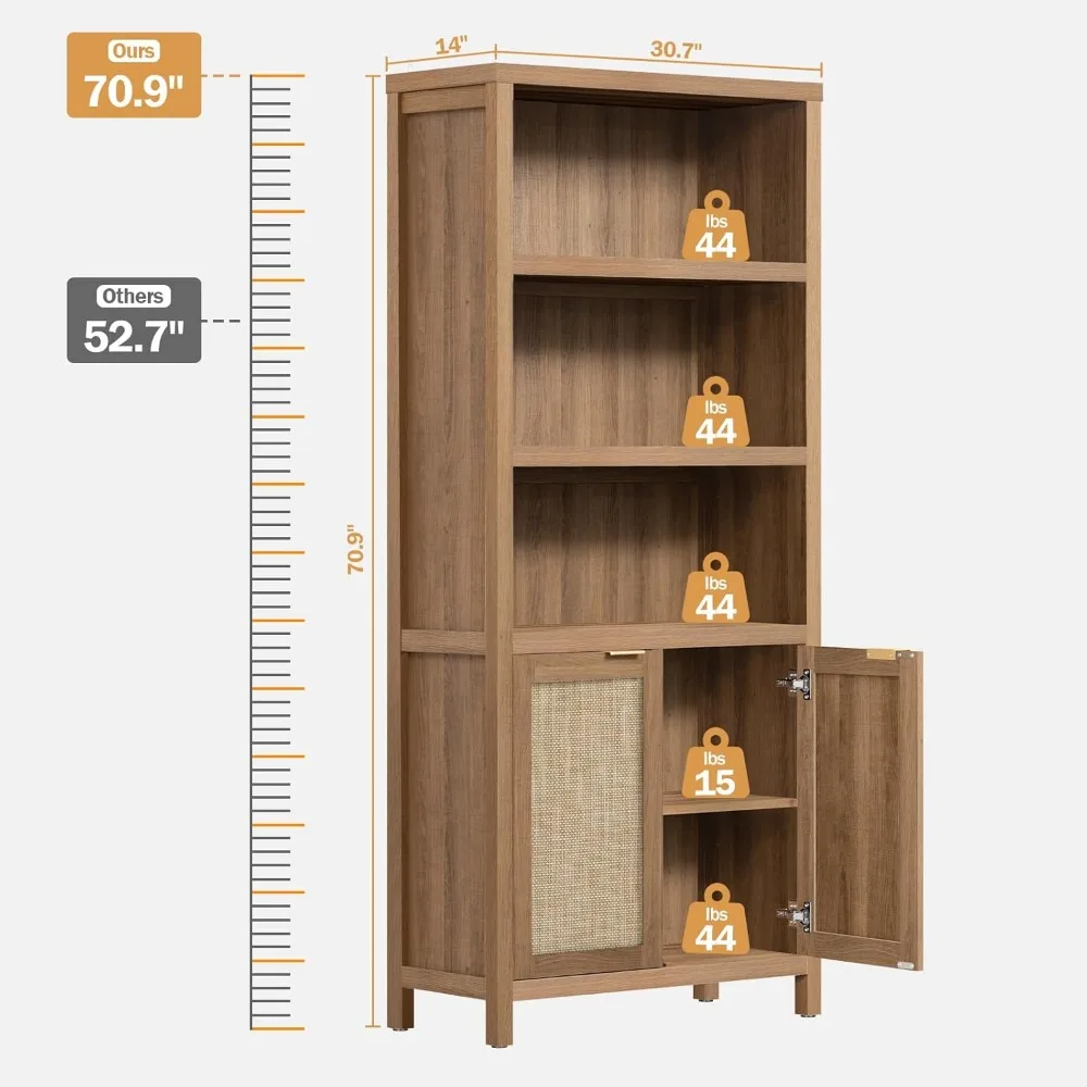 Bookcase 71 Tall Bookshelf 5 Tier Rattan Boho Bookcase with Doors Storage Large Book Case Shelf Farmhouse Bookshelves Li