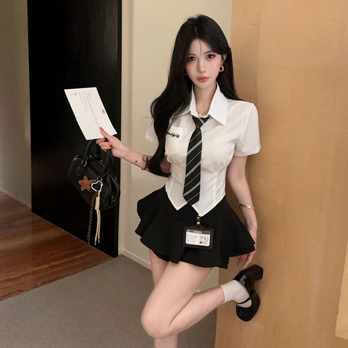 

Retro Pure Desire Japanese Style College Wind Shirt Short Sleeve Embroidery High Waist Slim Fit Short Skirt JK Set Women's Fa...