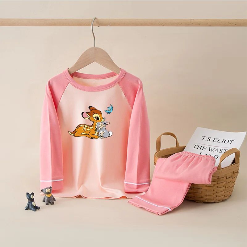 Bambi ชุดนอนเด็กเด็กหญิงเด็กชาย, ชุดนอนเสื้อยืดท็อปแบบตัวสั้นการ์ตูนแขนยาวพร้อมกางเกงเสื้อผ้าฤดูใบไม้ผลิสำหรับทารกฤดูใบไม้ร่วง