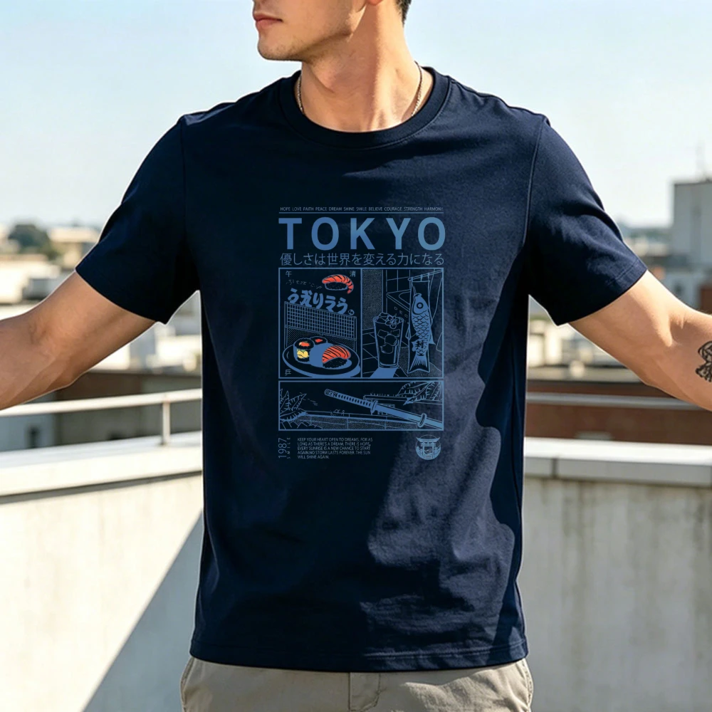 Tokyo Vintage Japanese Sushi Koi Samurai Sword Cotton Men Tee Blue Line Oriental Graphic Short Sleeve Tops Japan Culture T-shirt