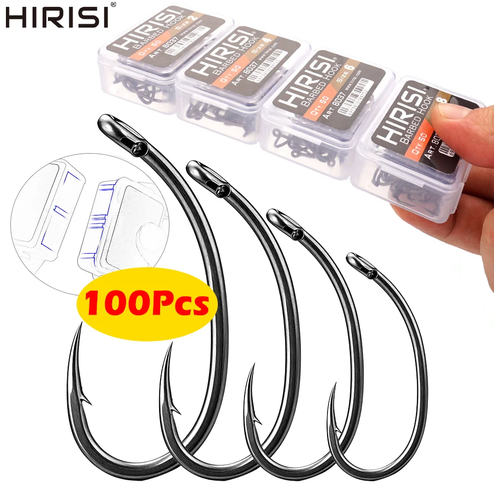 Hirisi 8037 100 Stück Hochkarbon-Edelstahl Mikro-Widerhaken-Angelhaken PTFE-Beschichtet Verbindbare Box Angelhaken Angelzubehör