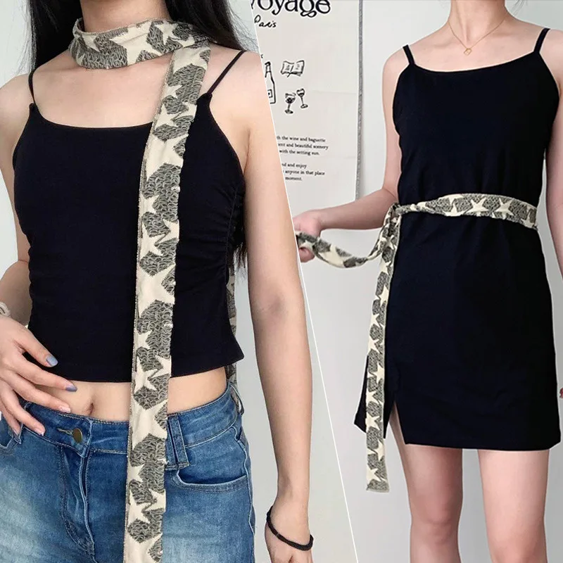 

New Lucky Star Print Ribbon Scarf Women men 197x5cm Sash Belt Y2K Street Hip Hop Hair Wrap Versatile Choker Hair Accessory