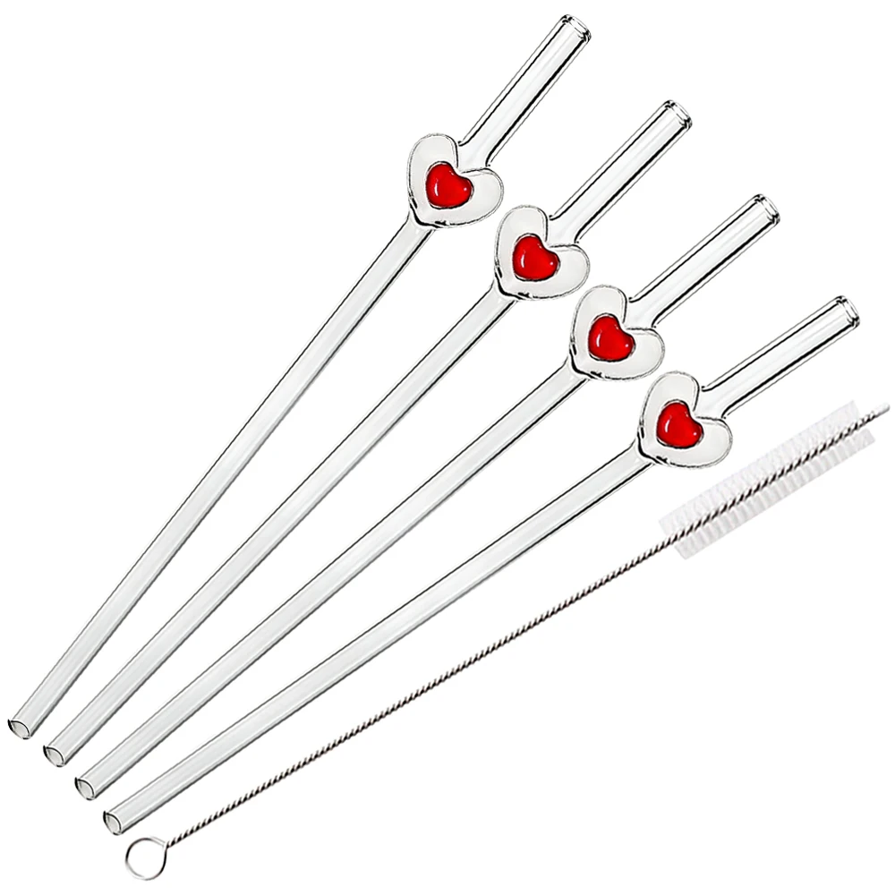 

4Pcs Reusable Straws Glass Straws Heart Design with 1 Cleaning Brush for Smoothies Milkshakes Juices ,Valentine's Day Gift