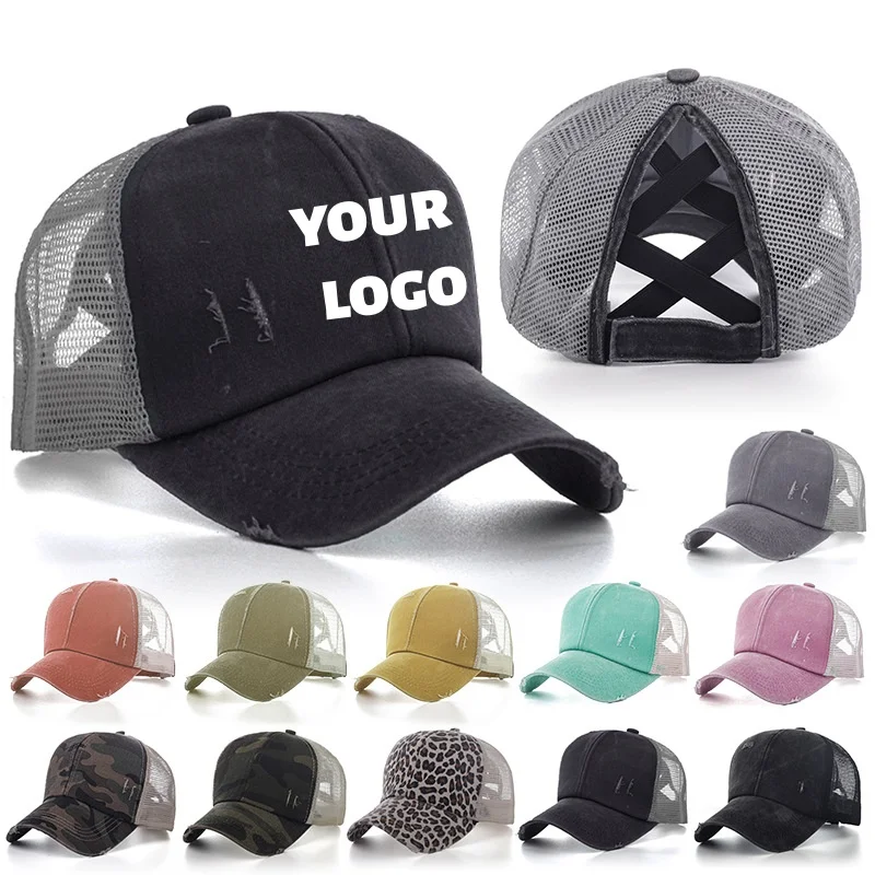 

Custom Logo Baseball Cap Washed Retro Cross Ponytail Outdoor Sports trucker Hat sunshade Mesh Breathable Fishing Hiking Hats