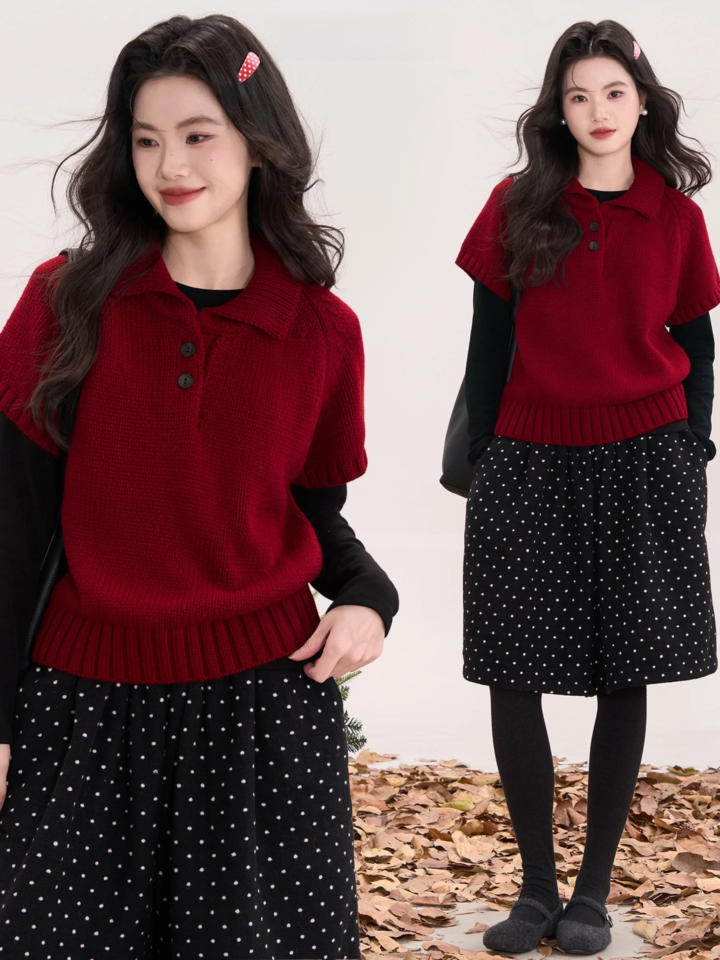 

Korean Style Knitted Short Sleeve Collar Sweater Women's Spring Autumn Layering Soft Loose Fit Warm Color