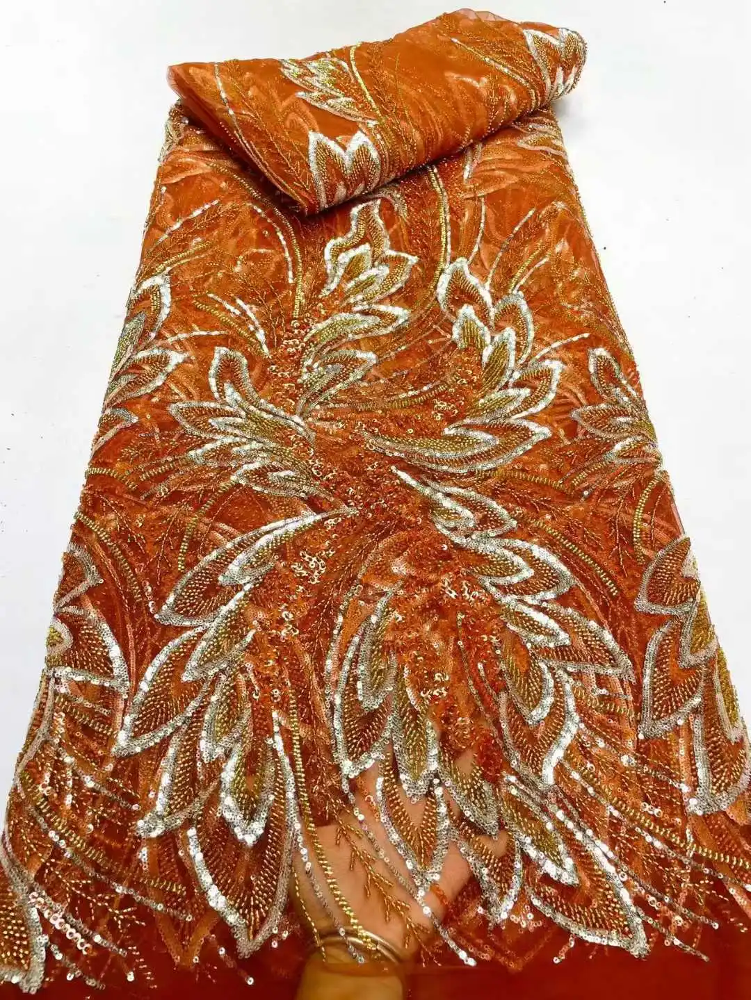 

Orange African Sequins Lace Fabric High Quality Beaded Nigerian Groom Lace for Dress Sewing 2025 French Style