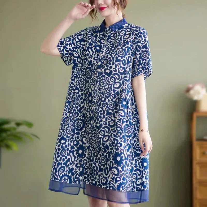 

Summer Women's Clothing Peter Pan Collar Plant&Flowers Printing Patchwork Pullover Chiffon Short Sleeves Comfortable Dresses