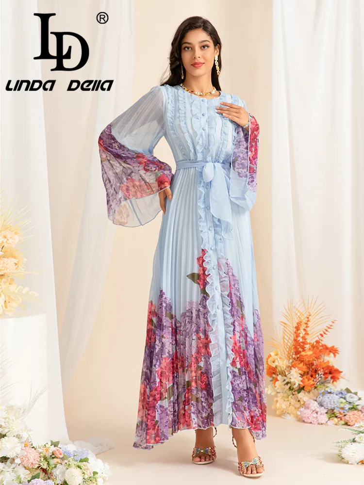 LD LINDA DELLAEuropean Style Star With Round Neck Long Sleeve With Wooden Ear Edge Pleated Printed Large Swing Women\'s Dress