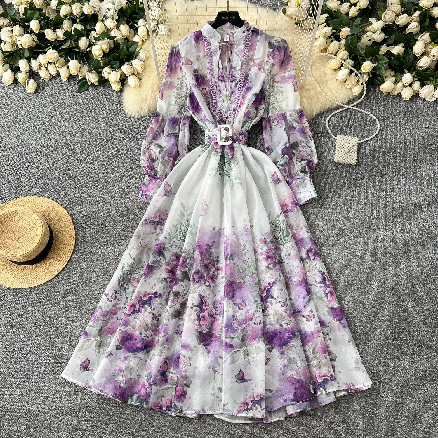 Elegant Fashion Print Sashes Vintage V-neck Chic Lantern Sleeves Slim Long Dresses Evening High Street Autumn Winter Clothing