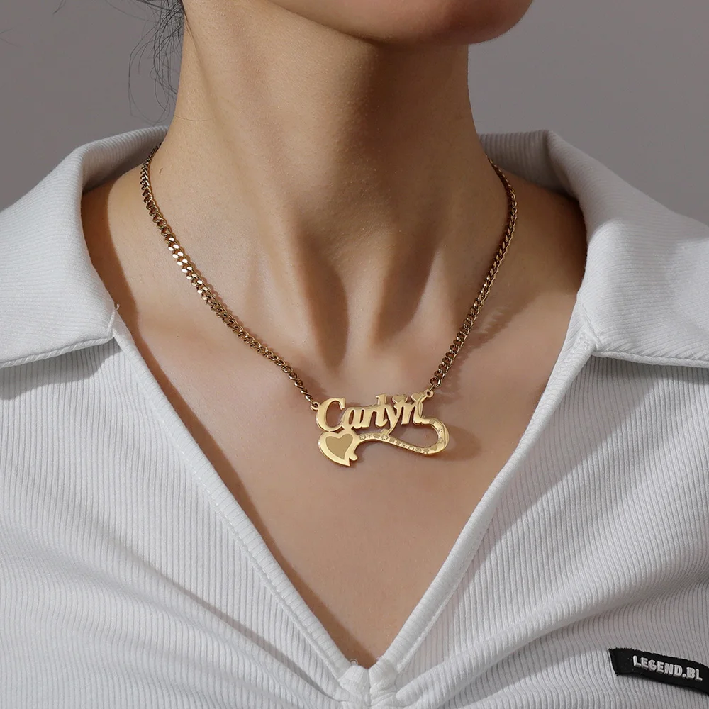 Colar de corrente cubano de aço inoxidável personalizado para mulheres, diamante, nome personalizado, coração inferior, chapeamento branco, presente da jóia