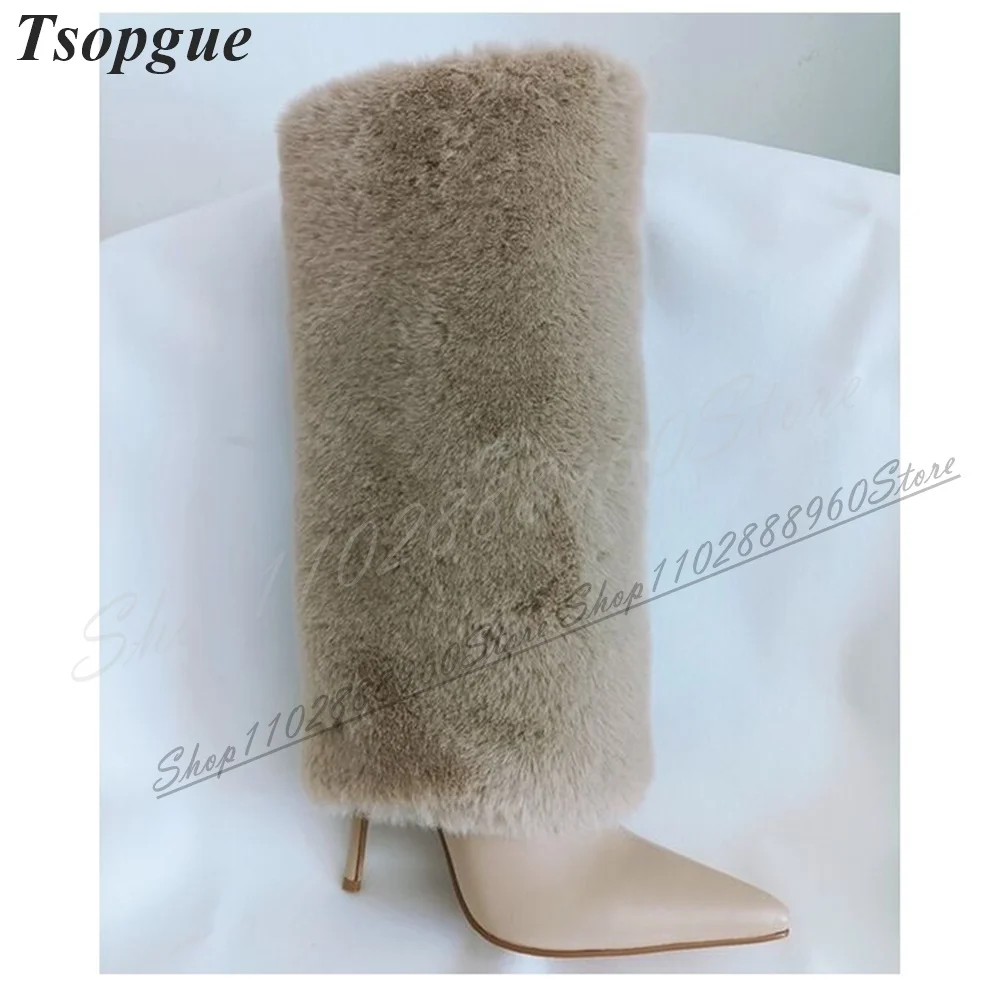 

Trending Knee High Khaki Furry Boots Thin High Heel Shoes For Women Slip On Pointed Toe 2024 Fashionable Zapatos Para Mujere