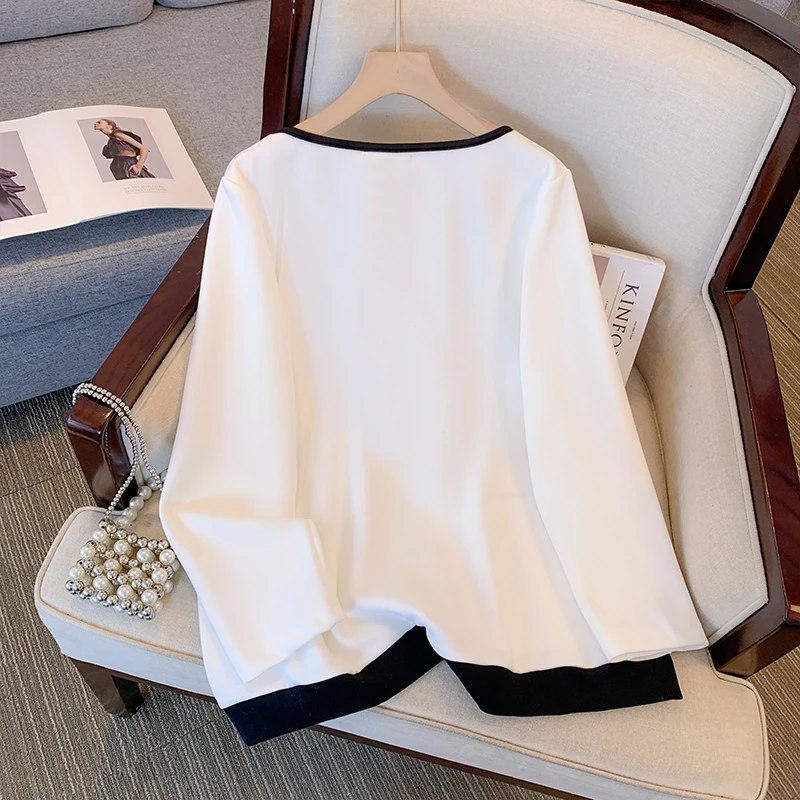 Plus-size women's spring casual hoodie visual double collar design long staple cotton fabric loose comfortable commuter top