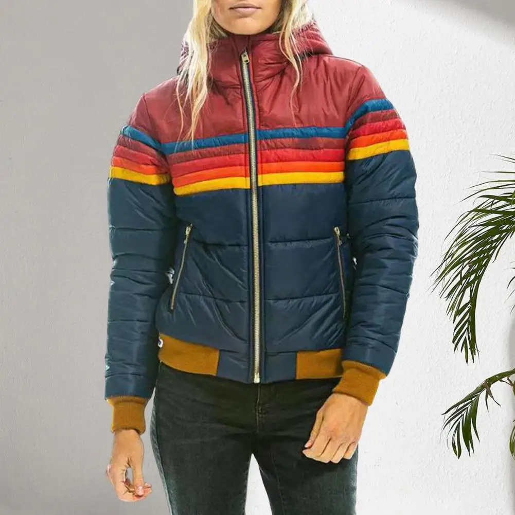 Manteau d'hiver en coton avec poches, fermeture éclair coloblock, capuche rembourrée, Cardiagn, Type court, poignets élastiques et ourlet, veste en coton