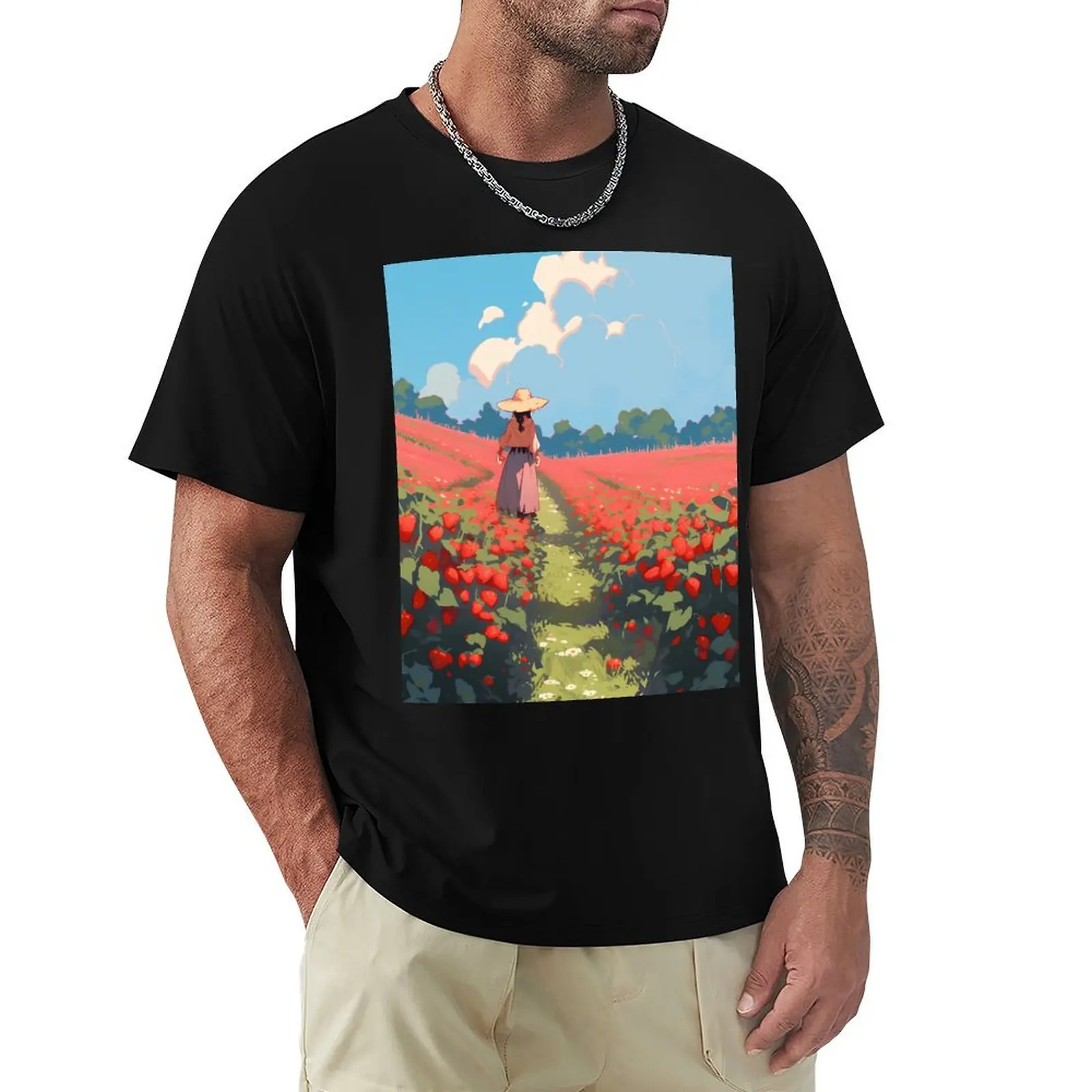Strawberry field, anime scenery- Pixel art T-Shirt Lightweight Running Sports T-Shirt