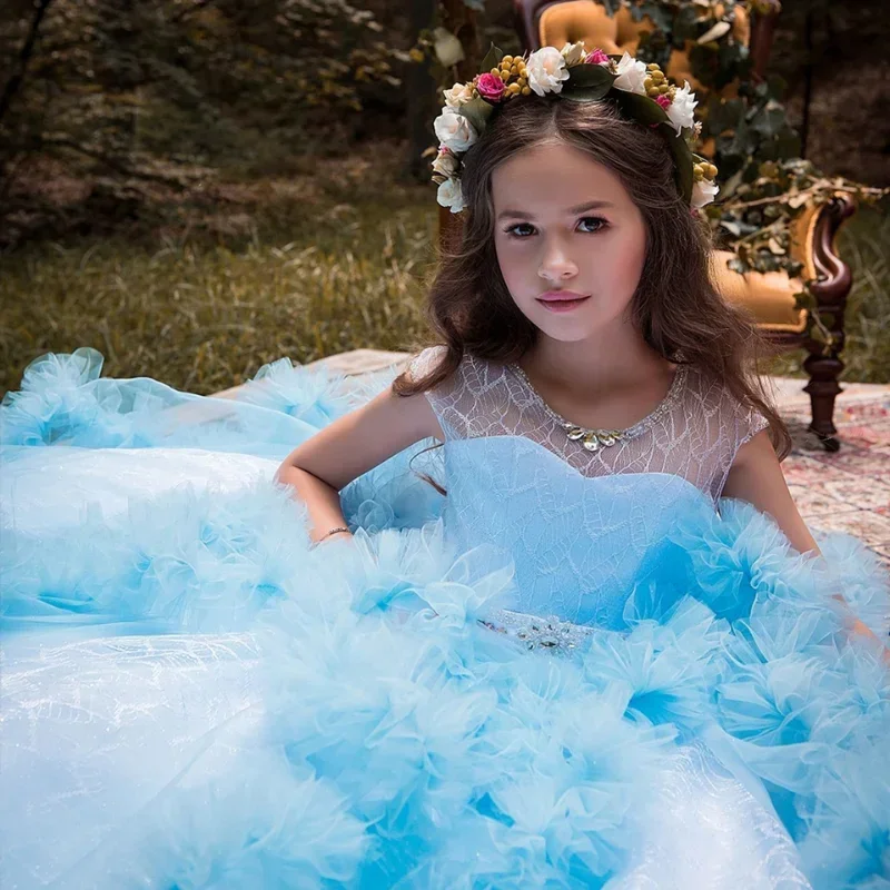 Vestido de niña de las flores exquisito sin mangas, cuello redondo, hasta el suelo, vestido de Baile de Princesa para boda, primera comunión, dama de honor, cumpleaños