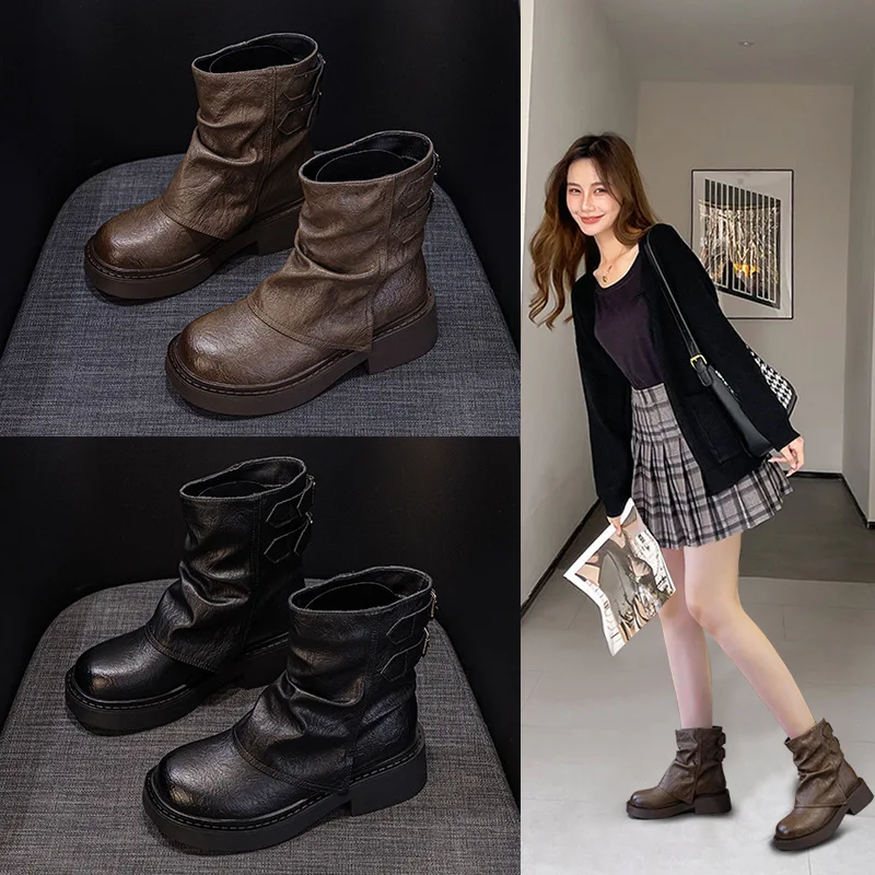 

Short boots 2025 autumn and winter pleated knight boots British style pile boots for women
