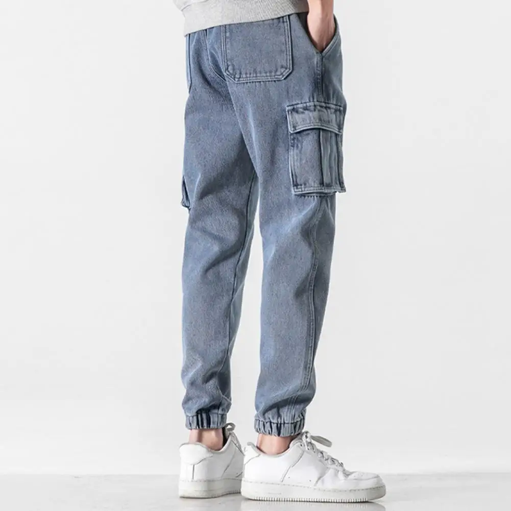 Men Hip Hop Cargo Jeans Pants Solid Color Multi Pockets Summer Autumn Lace-up Ankle Tied Denim Pants Male Baggy Jean Trousers