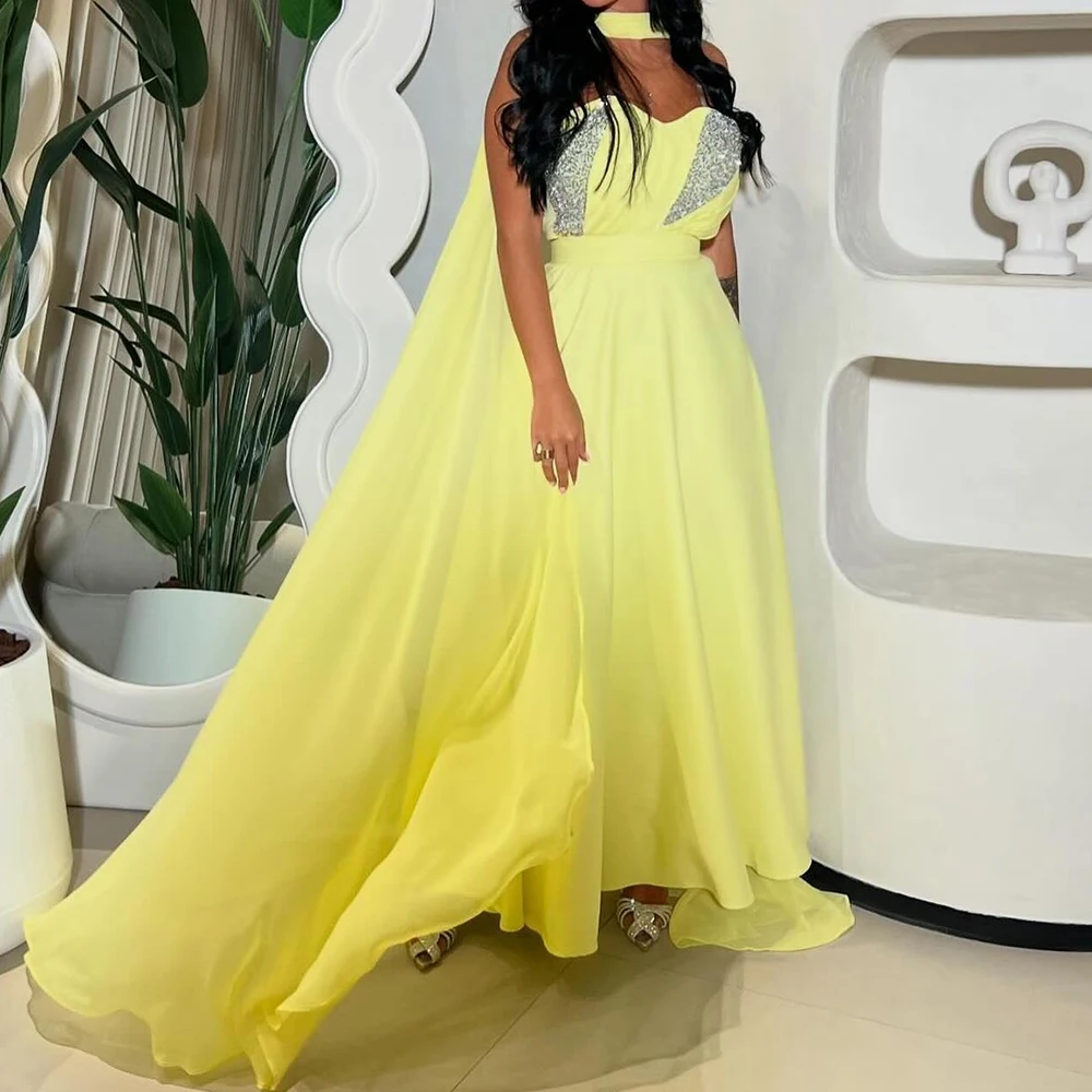 

Customized Modern Ribbons Crystal Pleats Sweetheart Evening Dress Temperament A-Line Jersey Yellow Party Gown vestidos de fiesta