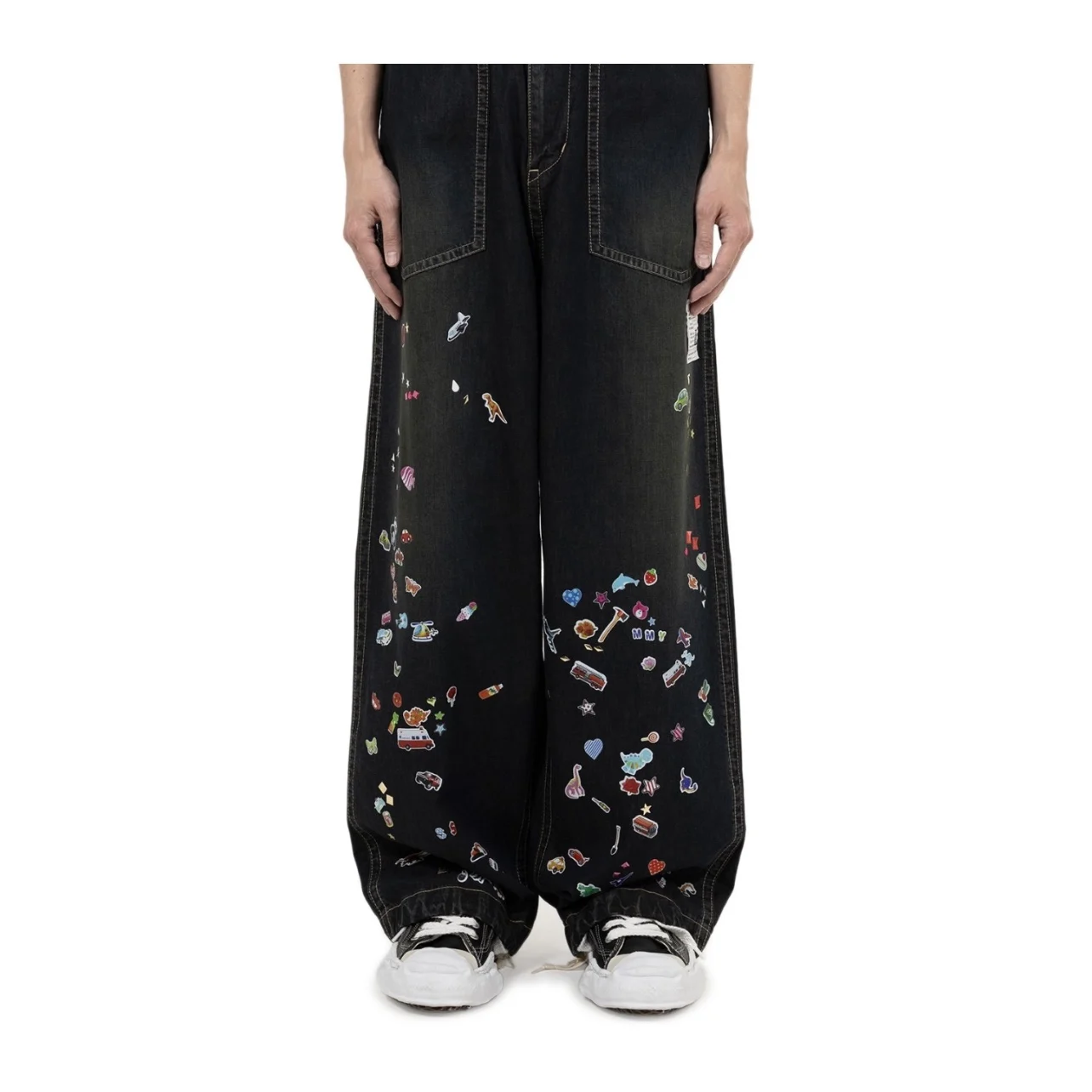 25SS Japanese-Style Washed and Aged Fun Printed Denim Wide-Leg Pants Ropa Hombre