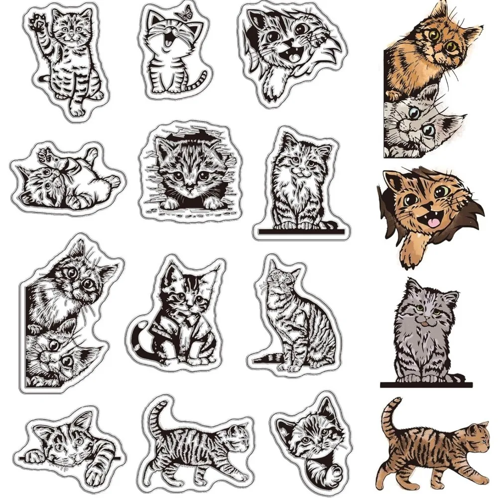 Cat Clear Stamps Animal Kitten Retro Reusable Background Postmark Transparent Silicone Stamp Seals for Journaling Card Making