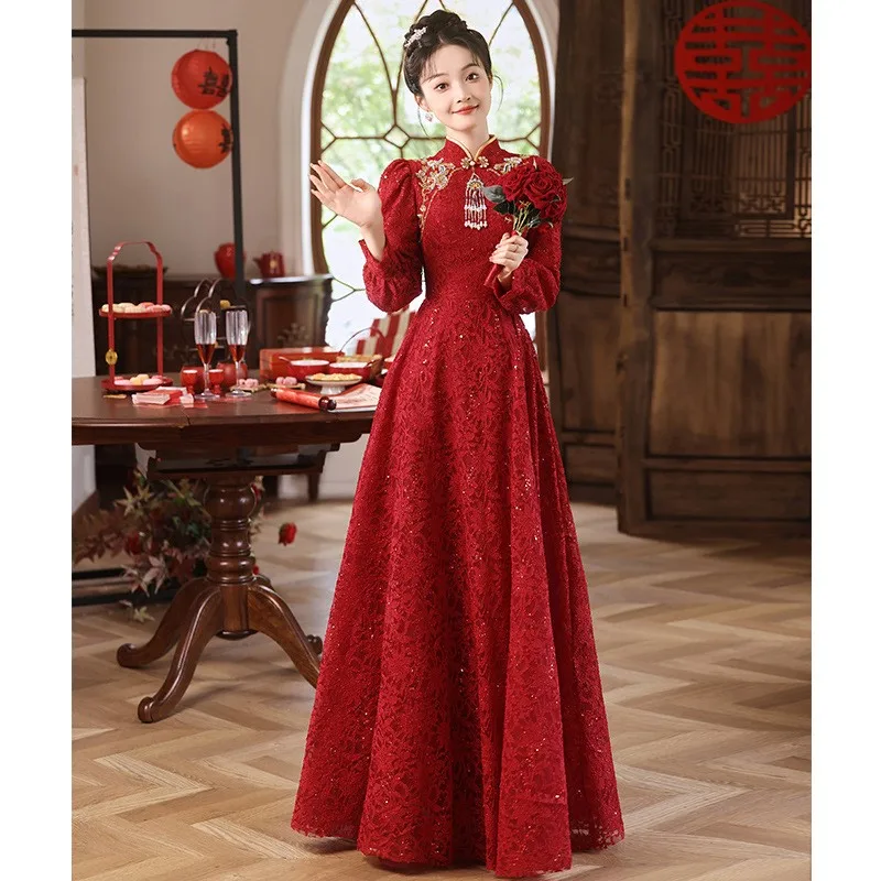 

Красное модное банкетное платье Cheongsam в китайском стиле с длинными рукавами