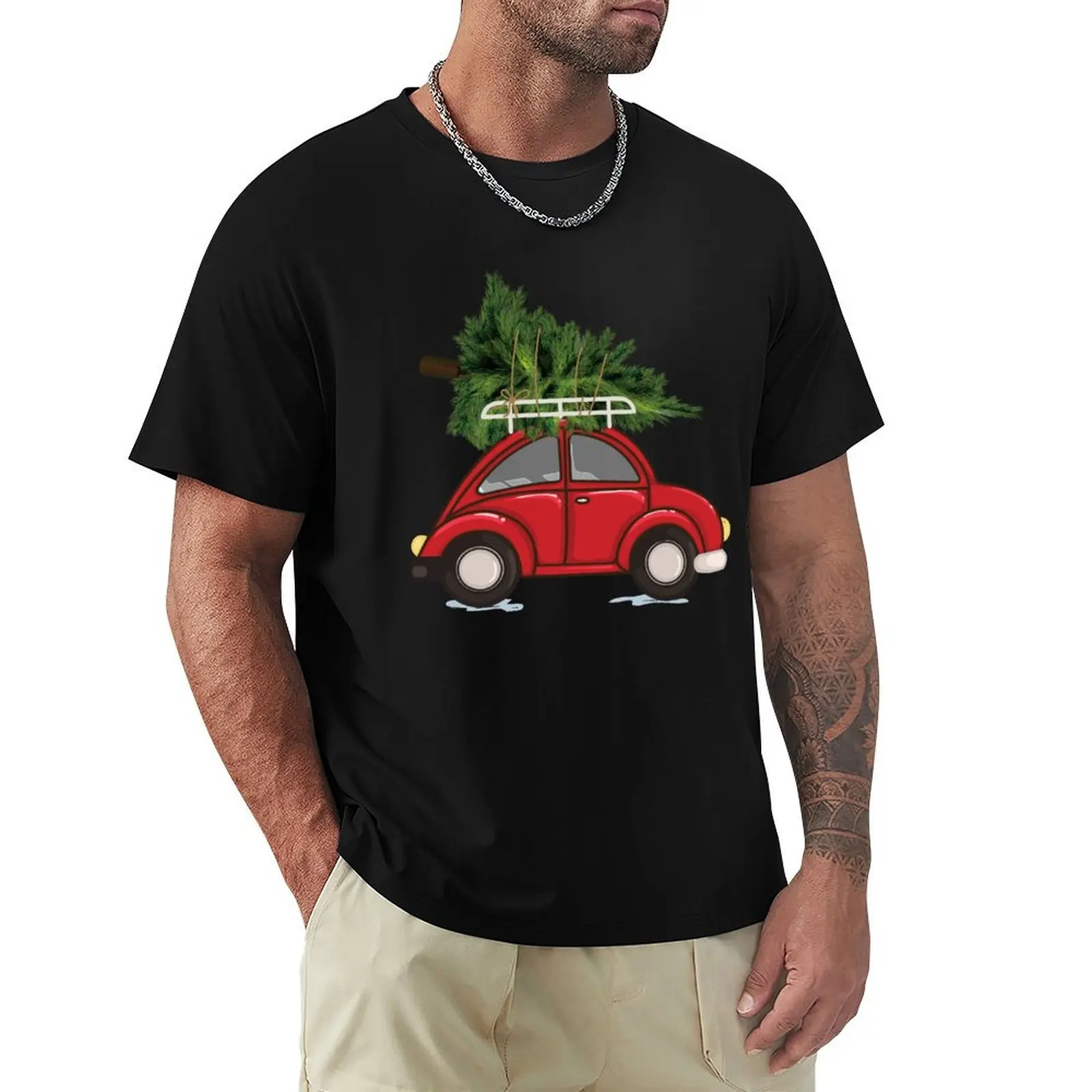 

Christmas Tree on Roof of Red Car T-Shirt anime stuff plain korean fashion oversized t shirt men