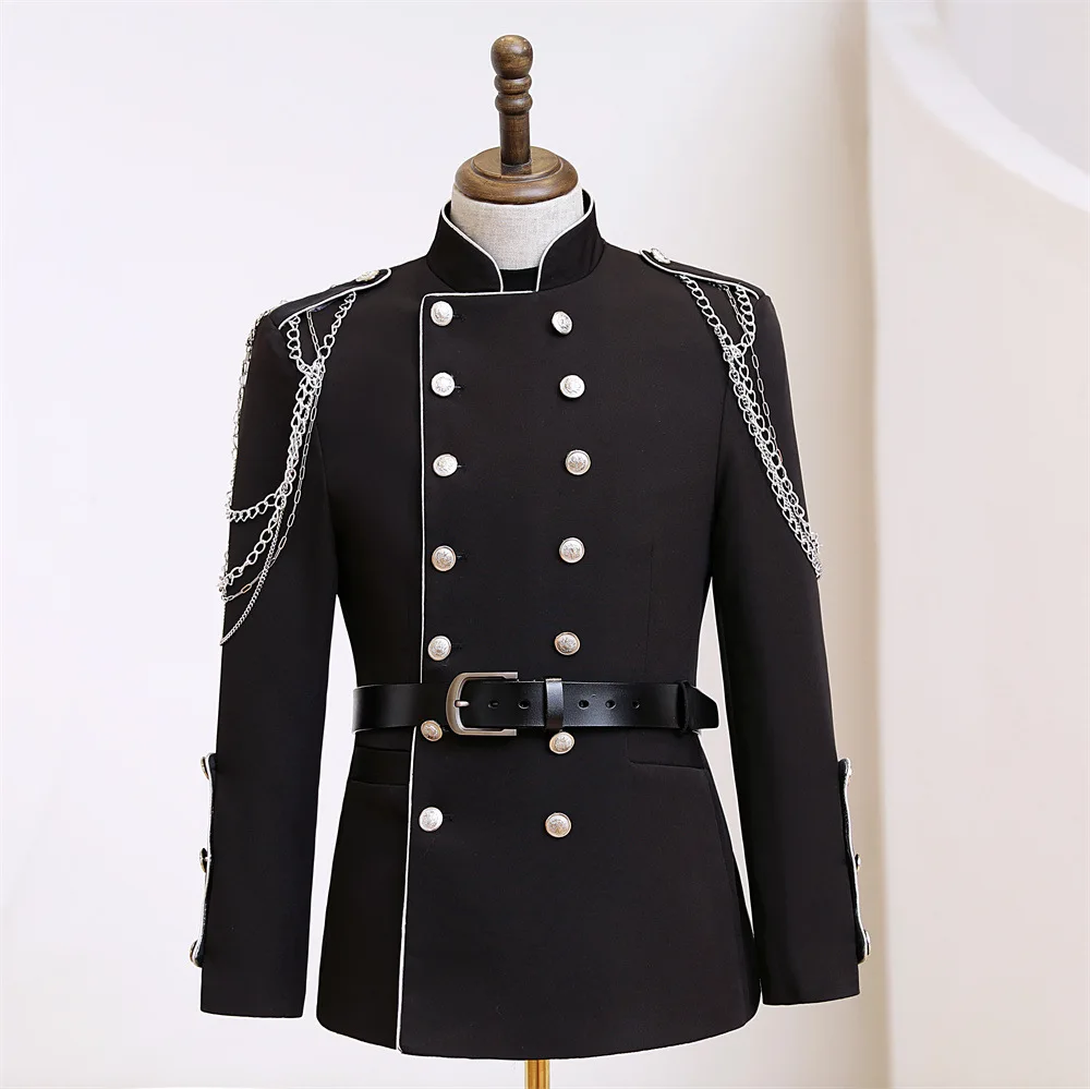 

New 2025 Men's Casual Suit Performance Coat Host Singer Belt Banquet Cross-Border Faionable Long Sve Stand Collar