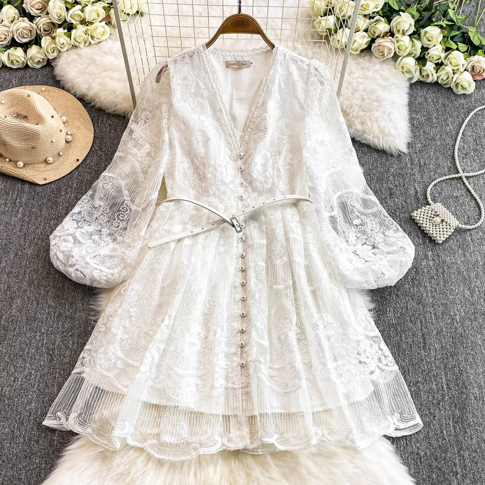 TWOTWINSTYLE Abito in maglia scavata solida di lusso leggero per le donne Scollo a V Manica lunga Ricamo A Line Dress Femminile Nuovo KDR 529841