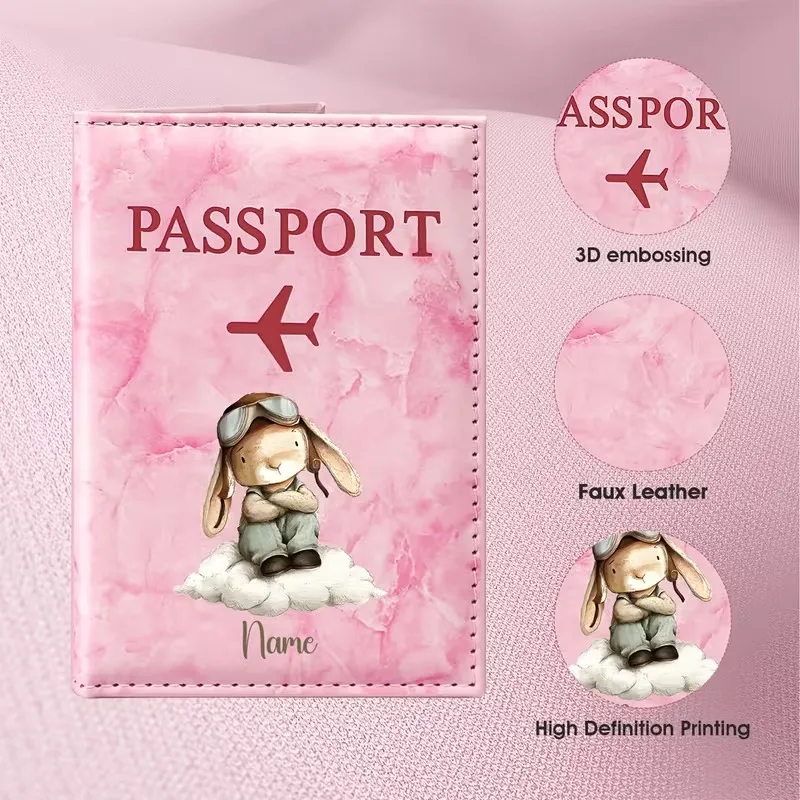 Personalized Custom Name Cute Rabbit Pilot Illustration Design Passport Holder, Featuring a Cartoon Rabbit Wearing a Pilot Cap