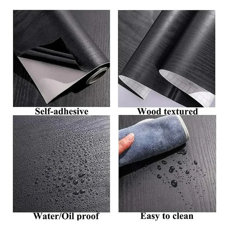 Schwarze Holzmaserung Tischplatten- und Wandaufkleber Selbstklebende wasserdichte Tischaufkleber Holzmaserungstextur Möbelrenovierungsfolie – Detail 6