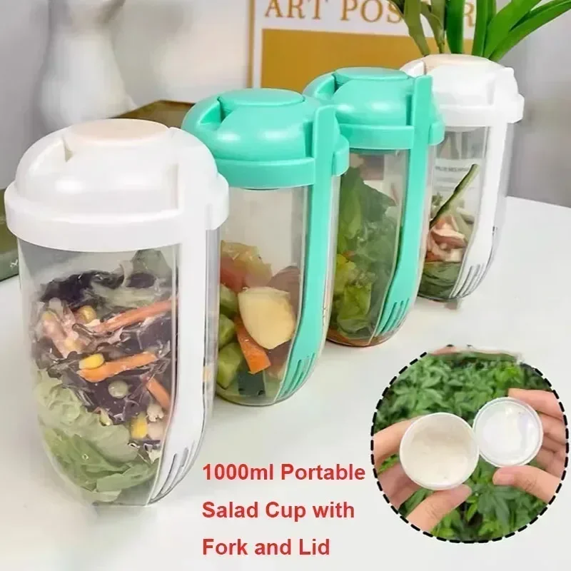 Portable Salad Bowl with Lid and Fork Attached All in One Leak Proof Container for Cereal Fruit Yogurt Healthy Meal Prep