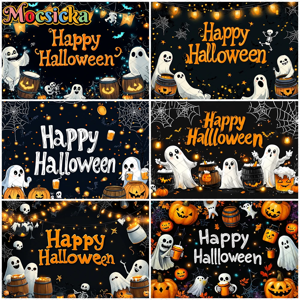 

Mocsicka Happy Halloween Background For Photography Pumpkin Ghost Baby Photo Backdrop Spider Web Bat Beer Cheers Decor Wallpaper