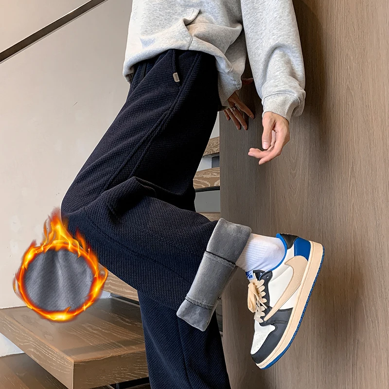 

Winter Thick Fleece Pants Men's Clothing Solid Color Velvet Trousers Casual Straight Fashion Youth Loose Wide Pants Male M-4XL