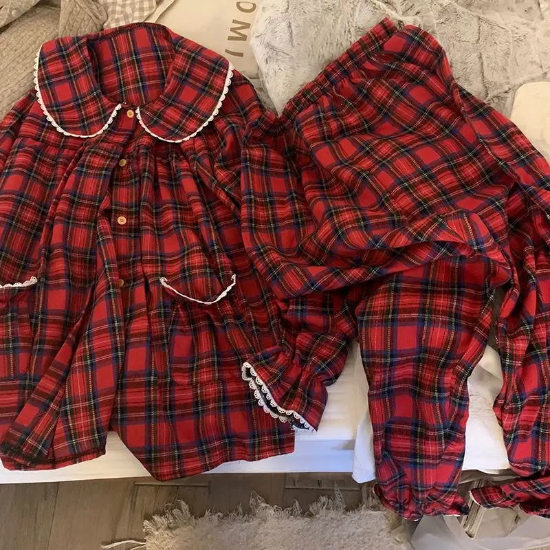 

2Pcs/set Women's Nightwear Long Sleeve Long Pants Simple Black ed Autumn and Winter Cardigan Young Girls Clothes Womens Kawaii