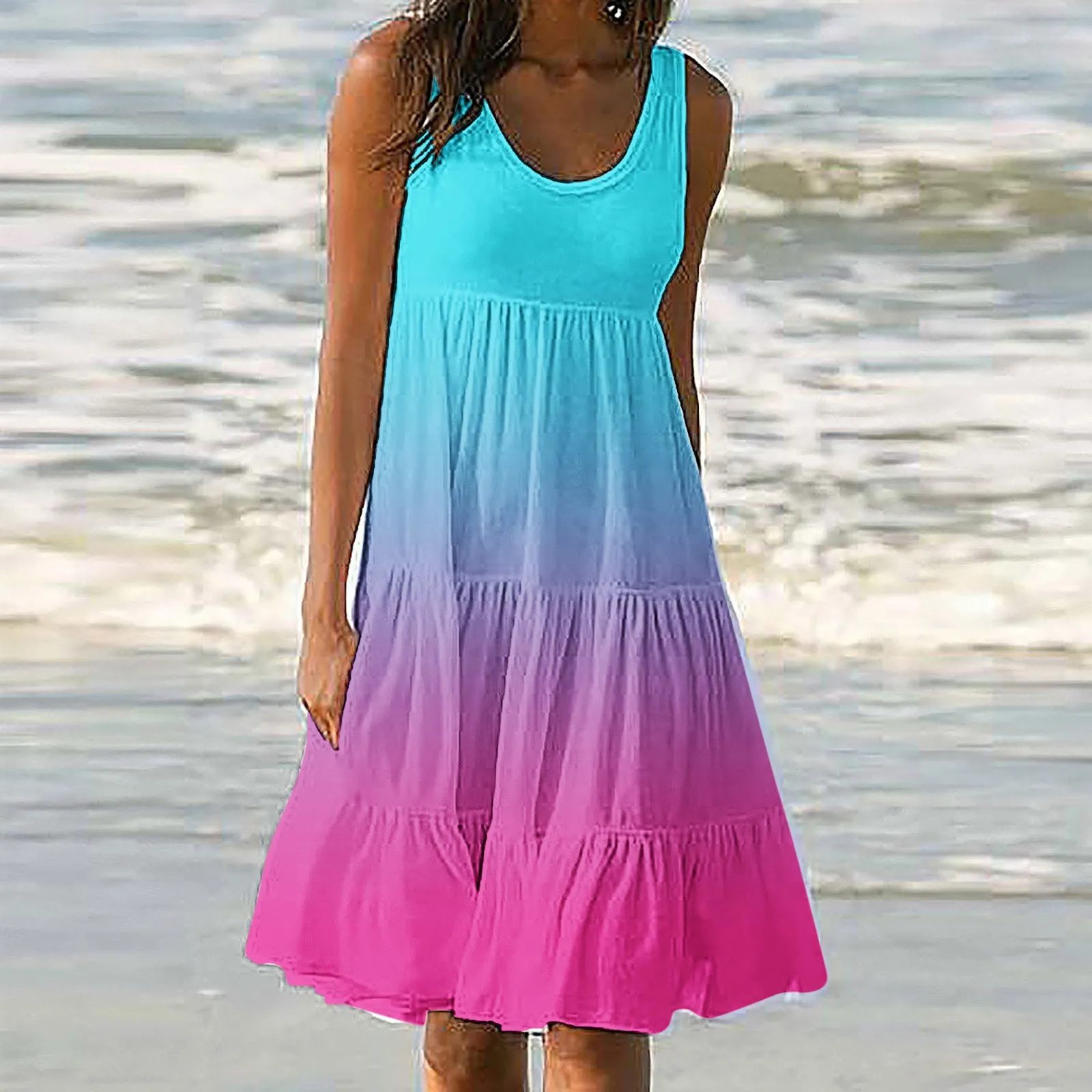 Mini Robe Décontractée à Volants pour Femme, Tenue de Plage Décontractée, Style Boho, Dégradé, Col en Fibres, Été, 2024