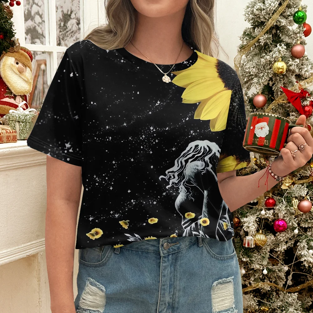 Beautiful Art Style Black Starry Sky Flower Portrait Printed Fashion Summer Women's Casual Short sleeved T-shirt