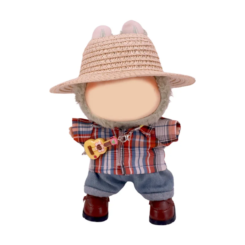 For labubu Clothes 5Pcs/set Straw Hat shirt Jeans Leather Shoes Guitar Accessories 15-17CM Doll Checkered Shirt Shiny Bag Gifts