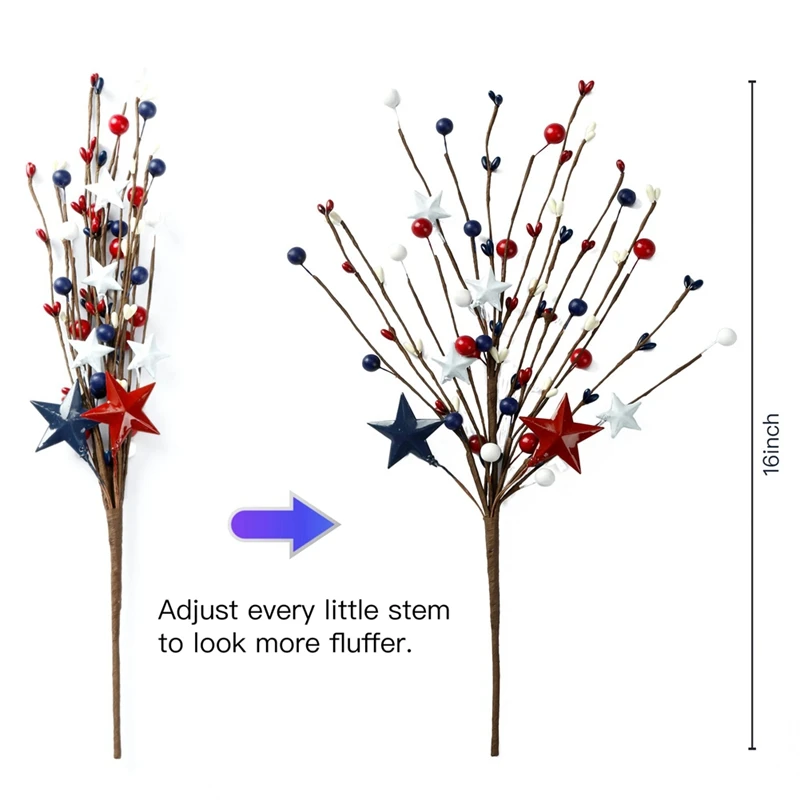 6PCS 16Inch Artificial Berry Stem Picks Patriotic Pip Berry For 4Th Of July Independence Day Memorial Day Decoration