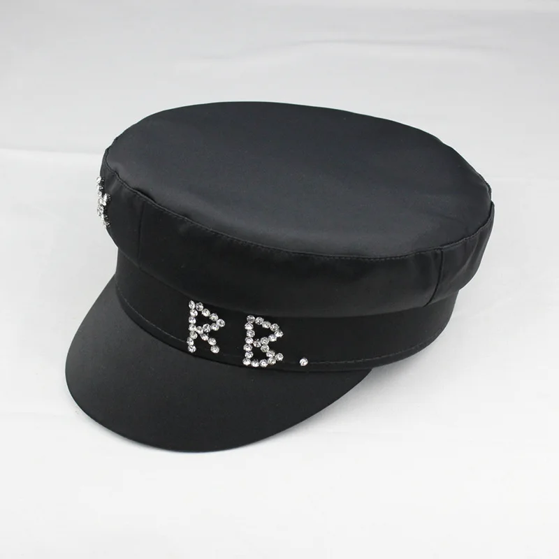 2022 Trendy Satin Letters Flat Top Military Hats Brand Designer Spring Summer Newsboy Cap Crystal Baker Boy Hat Visor