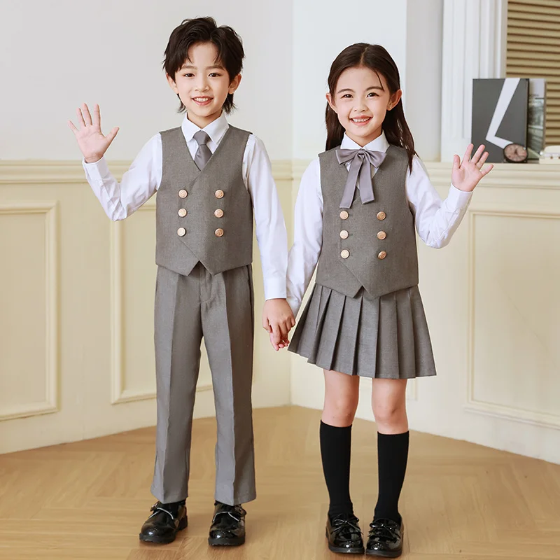 Cool Kids Boys Formal Waistcoat Double Button Blazer Type Vest Girl Birthday Party Wedding Clothes Costume Black Grey Royal Blue