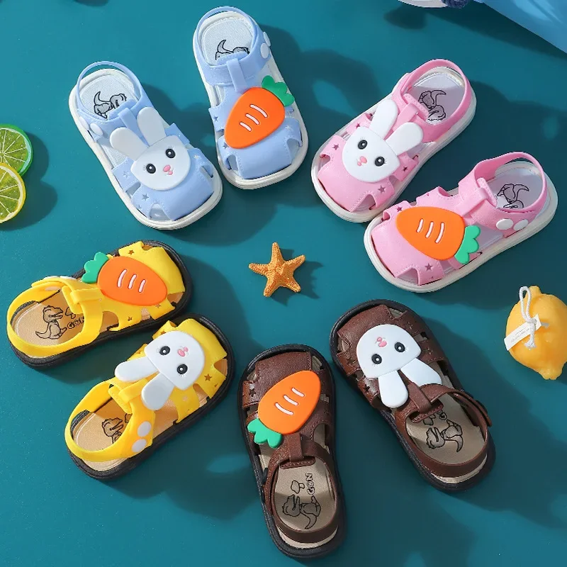 Summer New Children's Sandals Boys Girls Cute Cartoon Rabbit Beach Shoes Baby Breathable Soft Sole Garden Sandals Walking Shoes