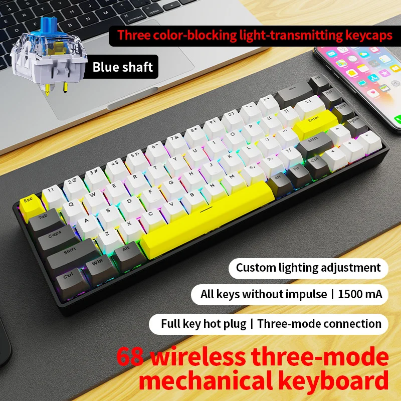 

Механическая клавиатура с RGB-подсветкой Bluetooth + 2,4G + проводная 3-режимная игровая клавиатура «сделай сам», 68 клавиш, беспроводная Bluetooth-клавиатура