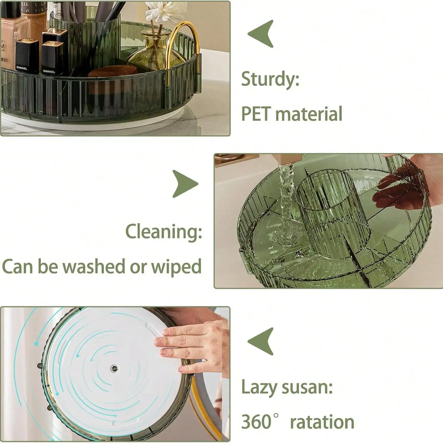 منظم مكياج دوار باللون الأخضر من 3 طبقات: حامل دوار شفاف وكبير لطاولة الغرور/الحمام، يناسب العطور وأحمر الشفاه للعناية بالبشرة