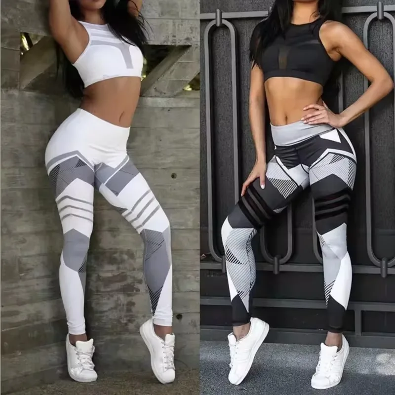 Women Quick Dry Sport Fitness Leggins Geometric Printed Sports Pants Yoga Pants Leggings Slim Tights Trousers For Women S-XXXL