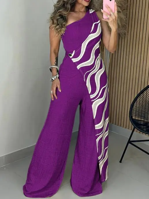 بذلة نسائية صيفية عصرية مع طباعة مموجة وياقة مائلة بلون سادة وخصر عالي وواسعة الساق