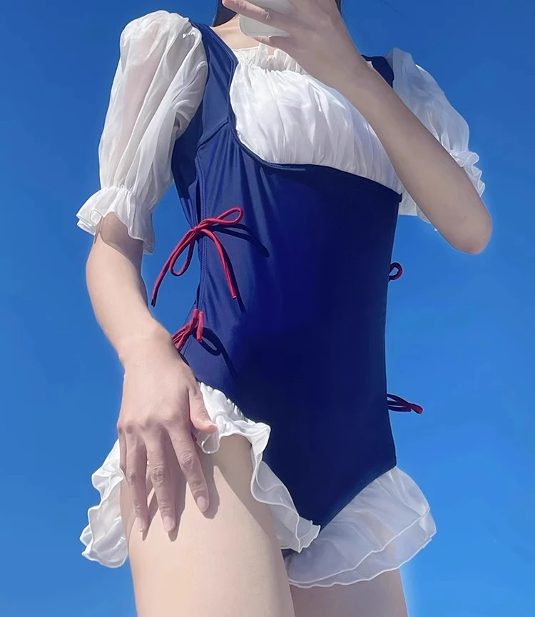 ワンピース水着 レッド スイートボウ 気質 スクエアカラー 2025 新作 夏 女の子 可愛い フリル プールパーティー 海辺 ブルー 水着