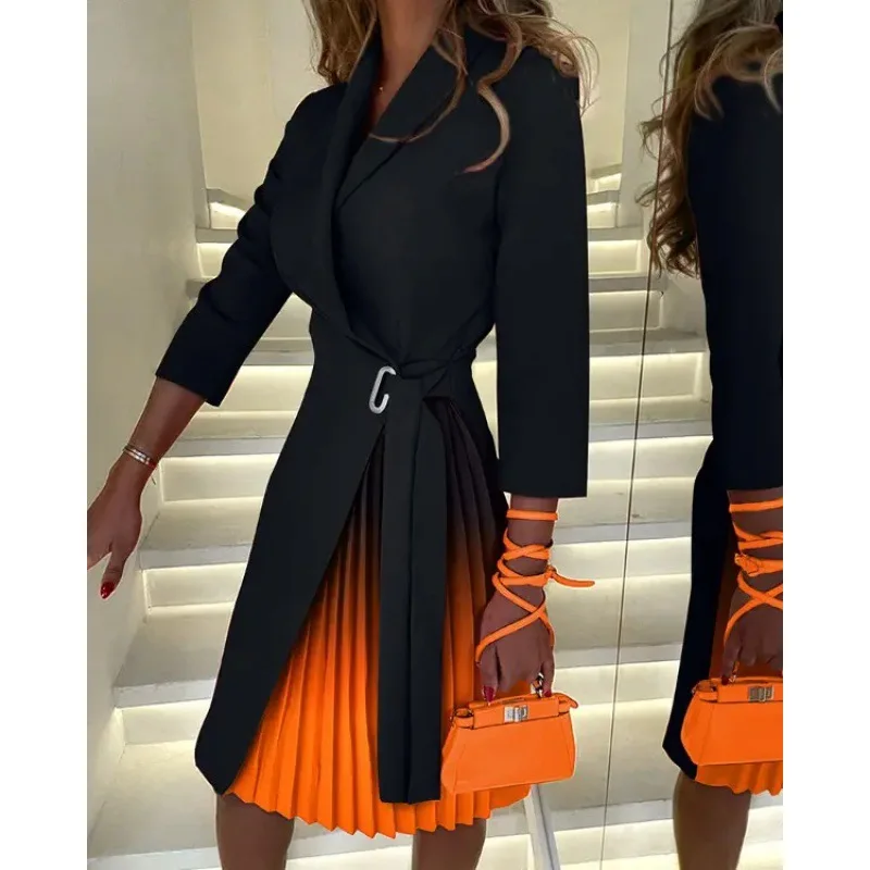 V-neck Fashion Midi Dress Elegant Lace-up Waist Wrapped Mid Sleeve Pleated Dresses For Women Femme Mode Chic Tenue De Bureau