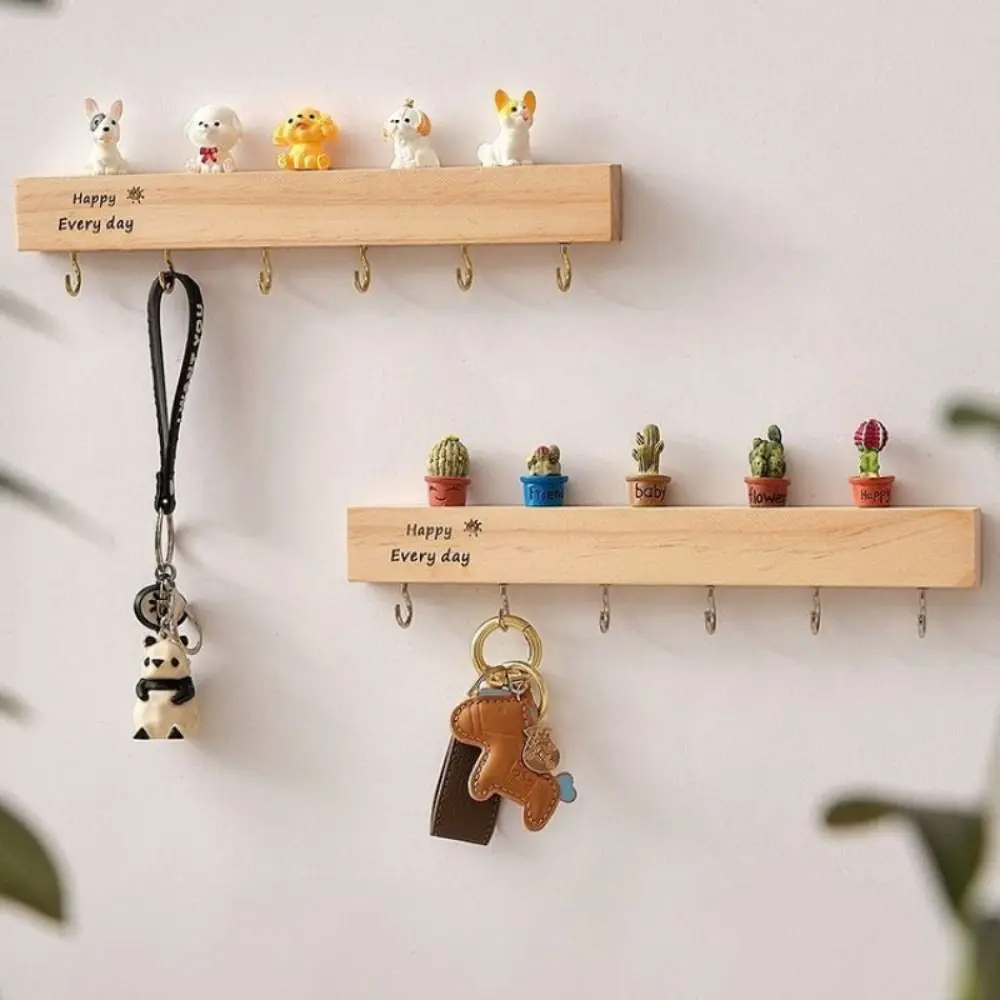 

Solid Wood Key Storage Rack Three-Dimensional Design Punch-Free Coat Hanger Vintage Style 6 Hooks No-Drill Key Rack