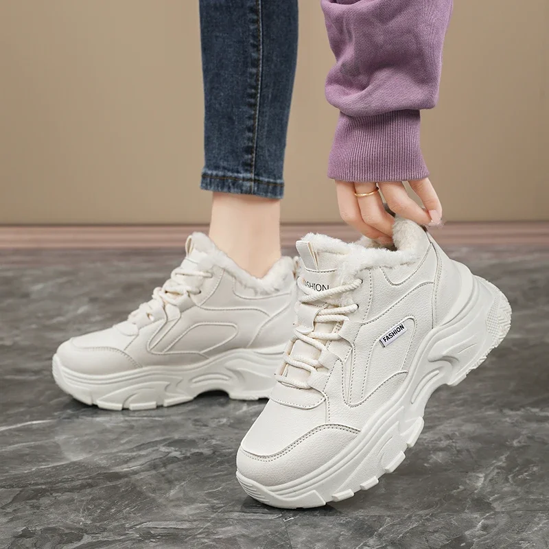 

2025 Winter Lace-Up Thick Bottom Vulcanize Shoes White Platform Women's Sneakers Woman Pu Leather Breathable Sports Shoes Ladies