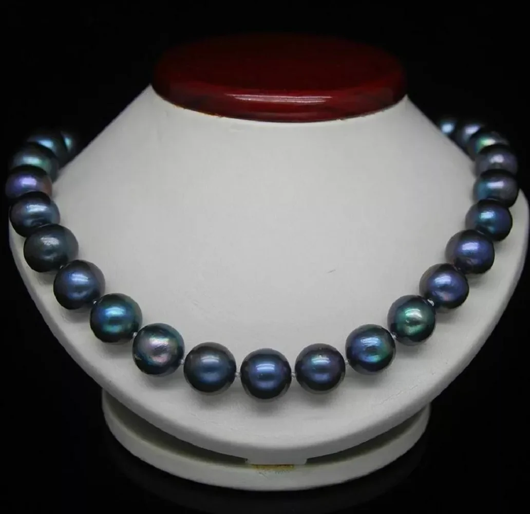 Authentic natural 9-10mm South  Sea black nearly circular pearl necklace AAA 16/36 inches 925